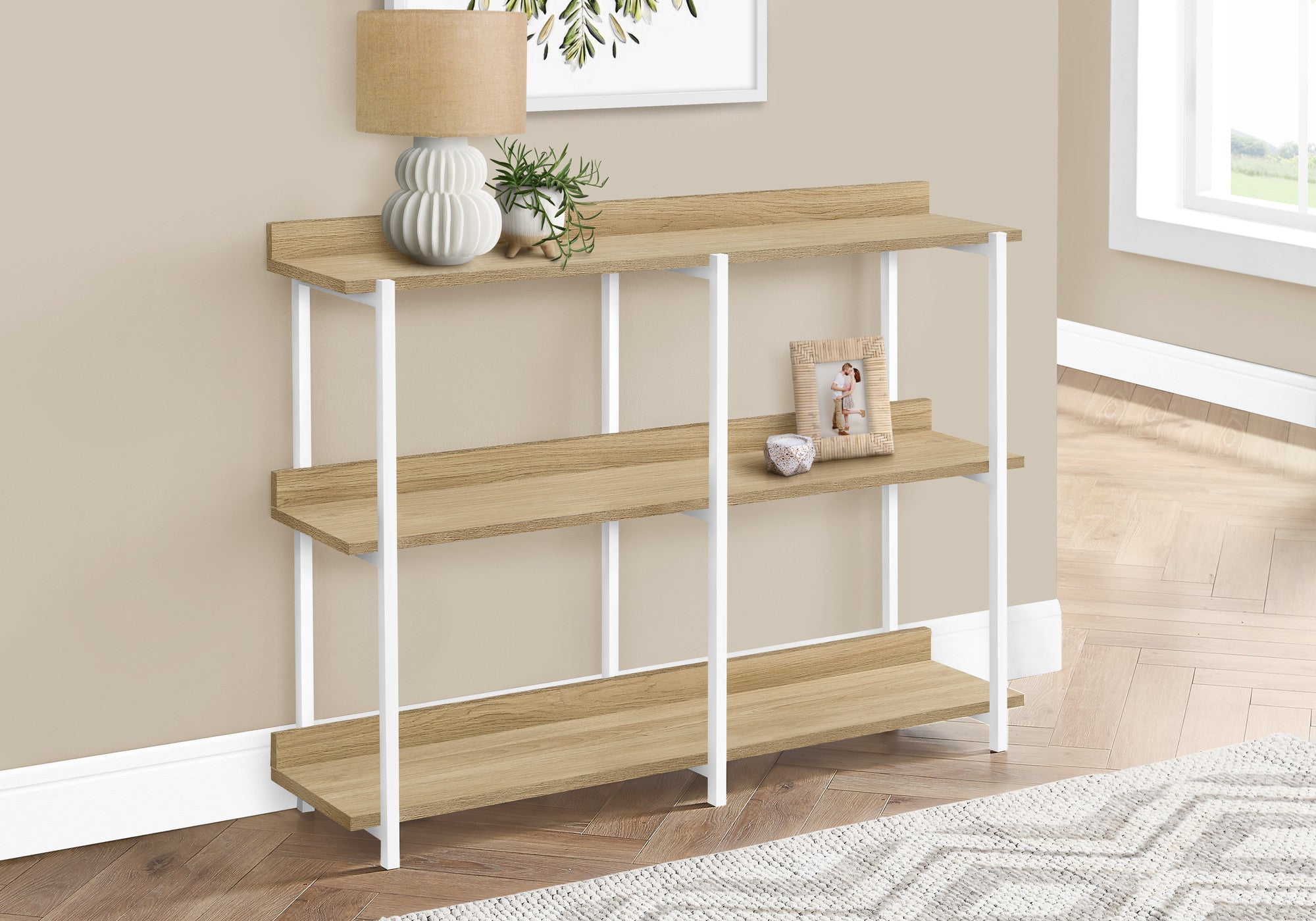47" Natural and White Wood and Metal Frame Console Table With Three Shelves