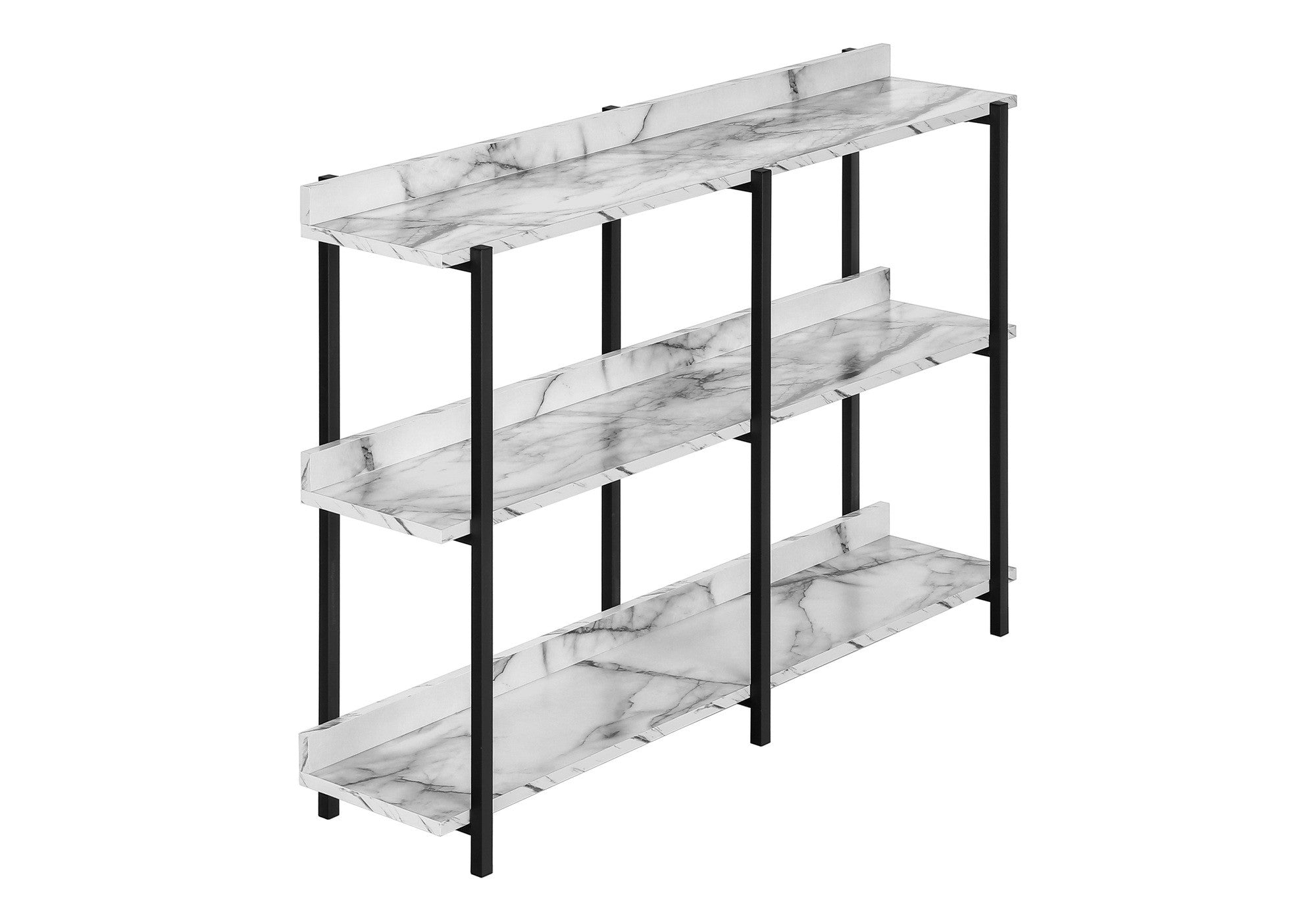 47" White and Black Wood and Metal Faux Marble Console Table With Three Shelves
