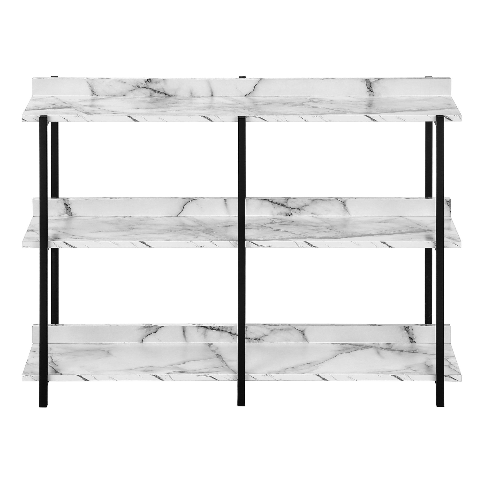 47" White and Black Wood and Metal Faux Marble Console Table With Three Shelves