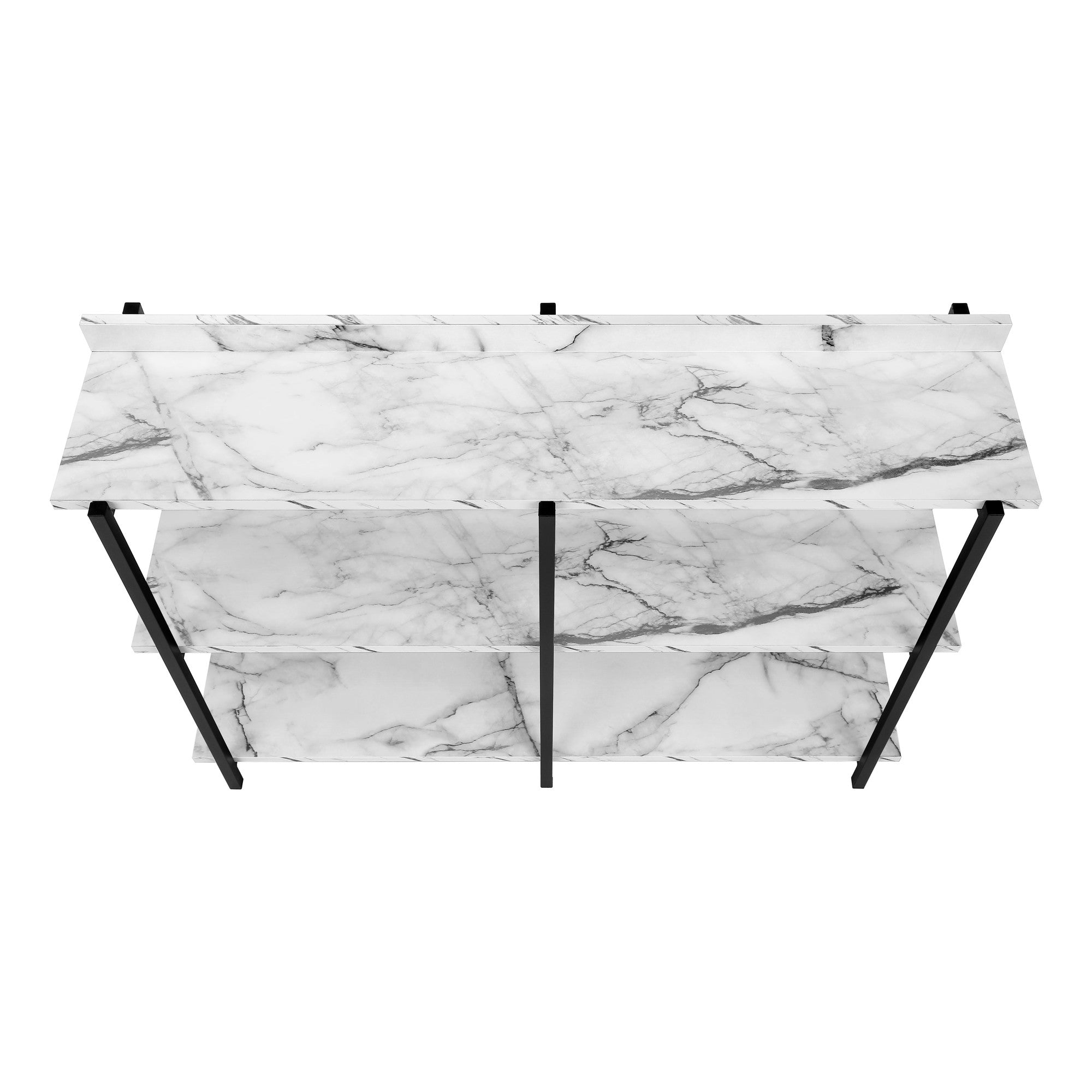 47" White and Black Wood and Metal Faux Marble Console Table With Three Shelves