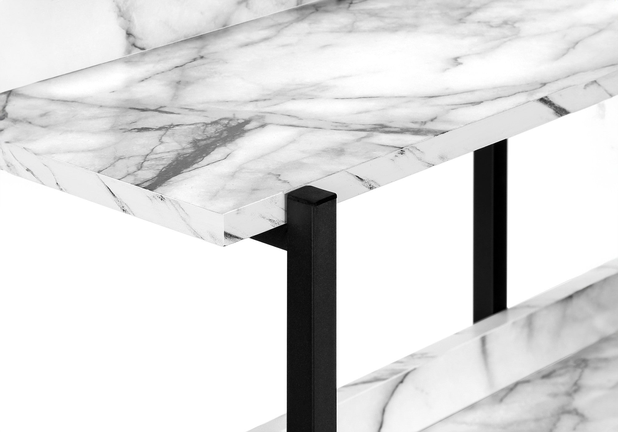 47" White and Black Wood and Metal Faux Marble Console Table With Three Shelves
