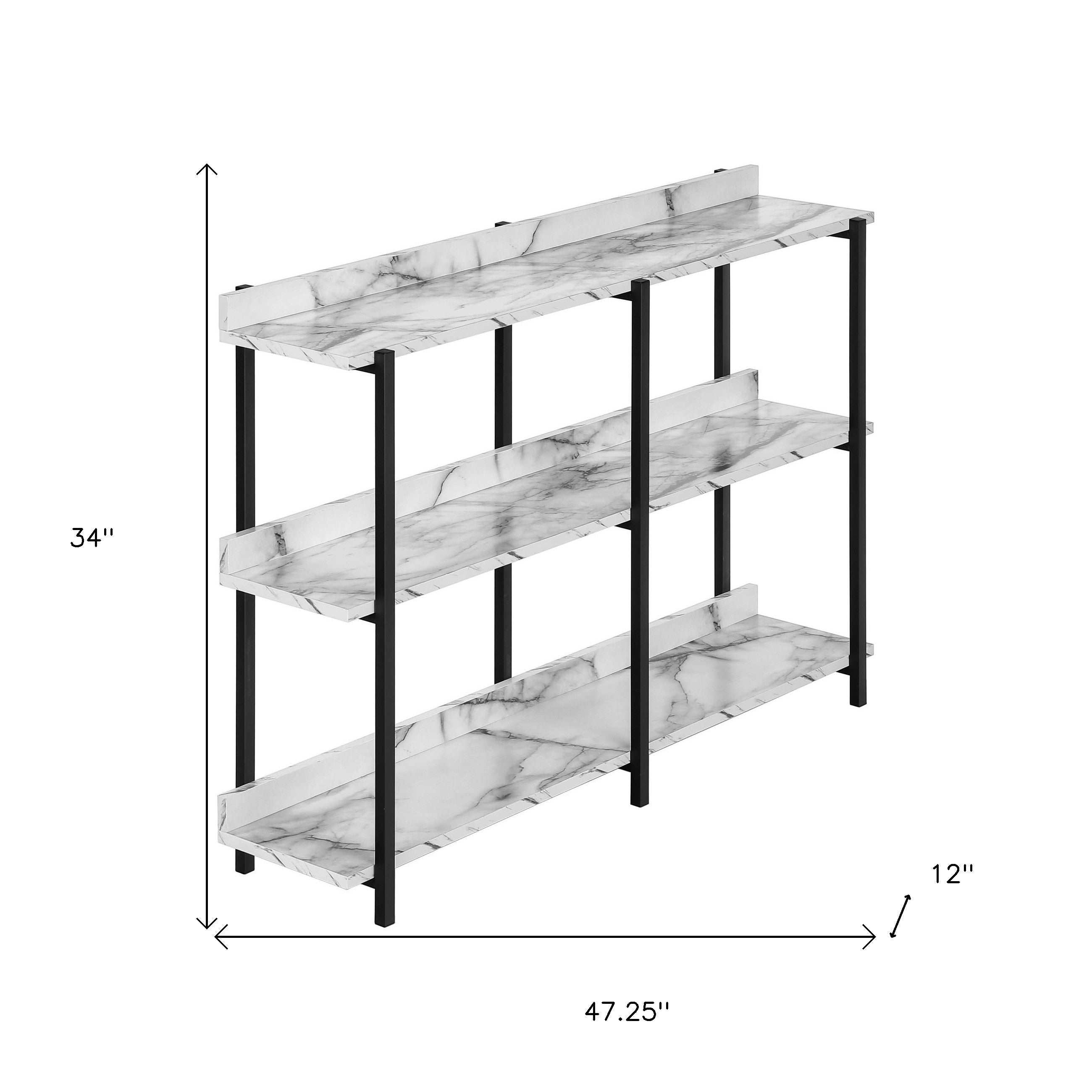 47" White and Black Wood and Metal Faux Marble Console Table With Three Shelves