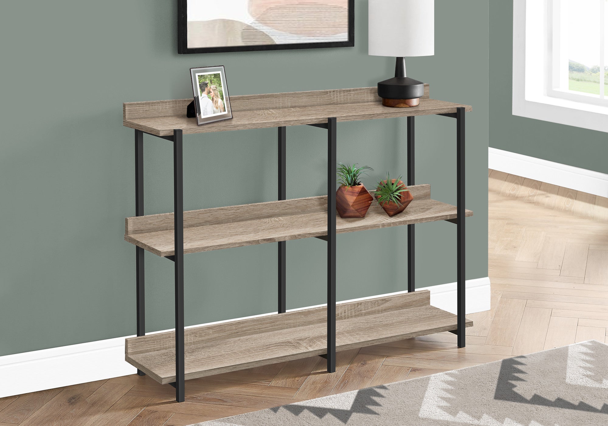 47" Taupe and Black Wood and Metal Frame Console Table With Three Shelves