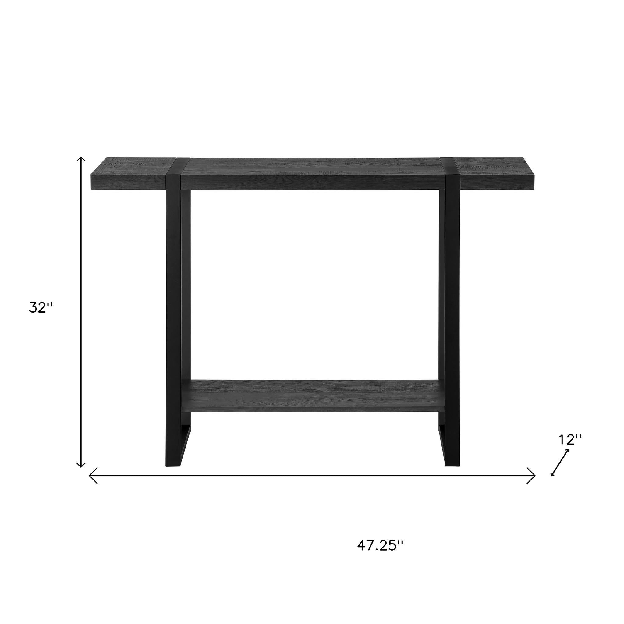 47" Black Wood and Metal Distressed Sled Console Table With Shelf