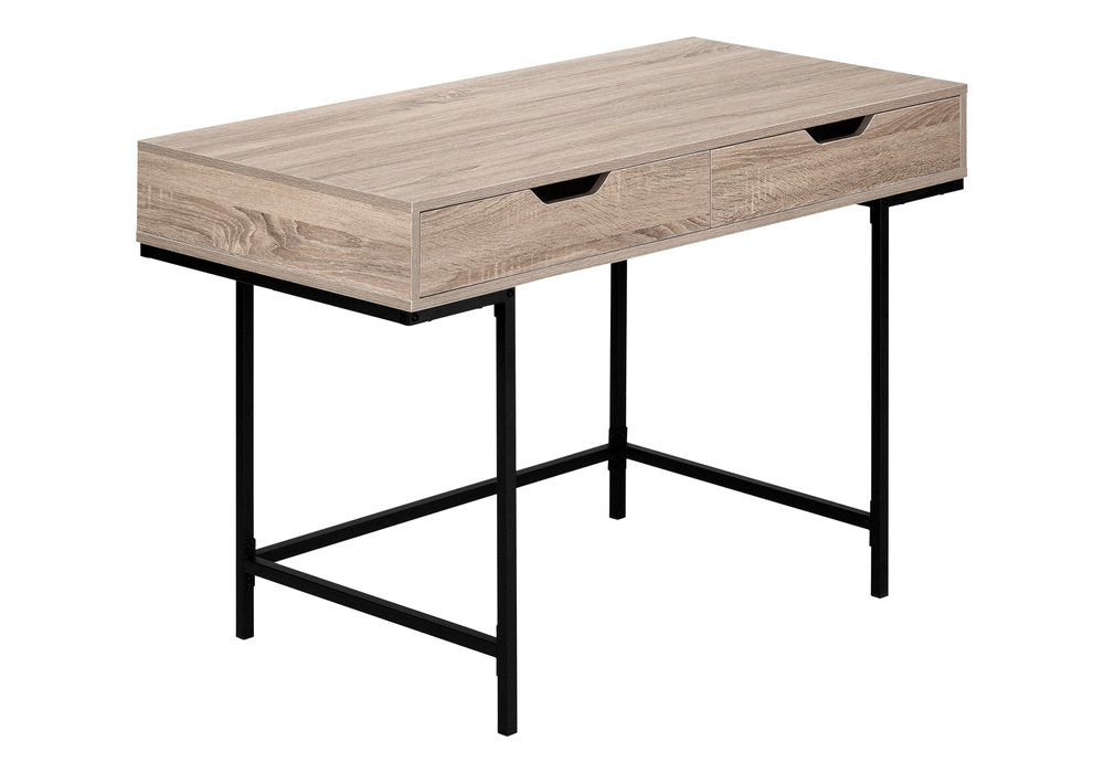 47" Taupe and Black Wood and Metal H-Shape Computer Desk With Two Drawers