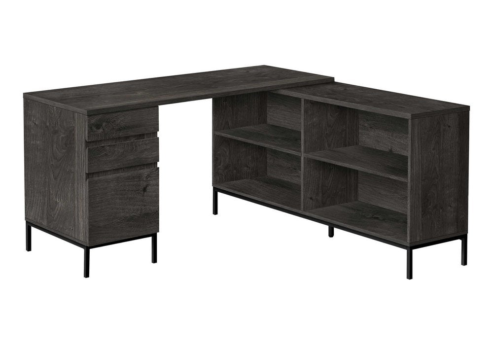 60" Gray and Black L Shape Computer Desk With Three Drawers