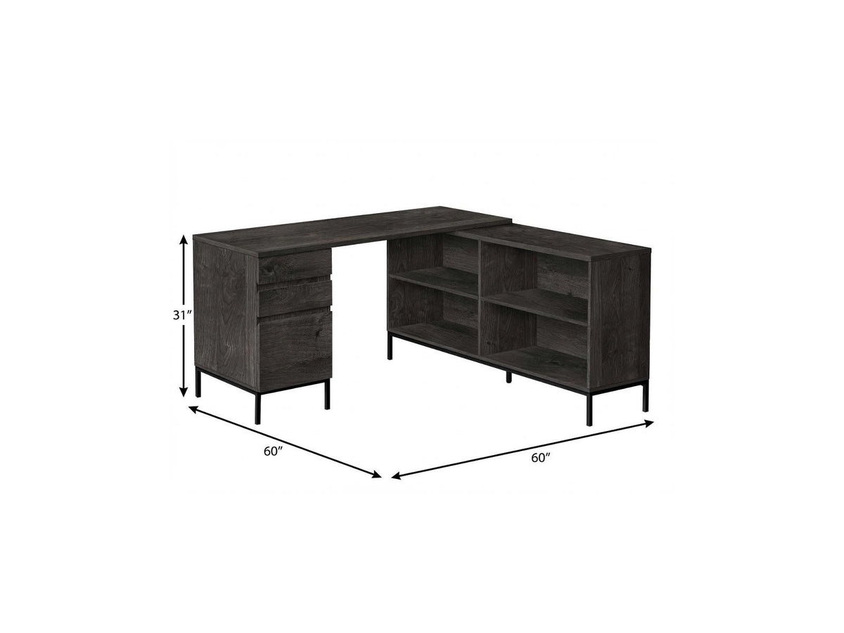 60" Gray and Black L Shape Computer Desk With Three Drawers