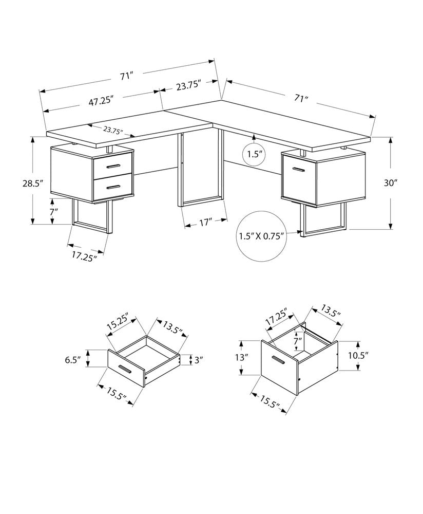 71" Black L Shape Computer Desk With Three Drawers