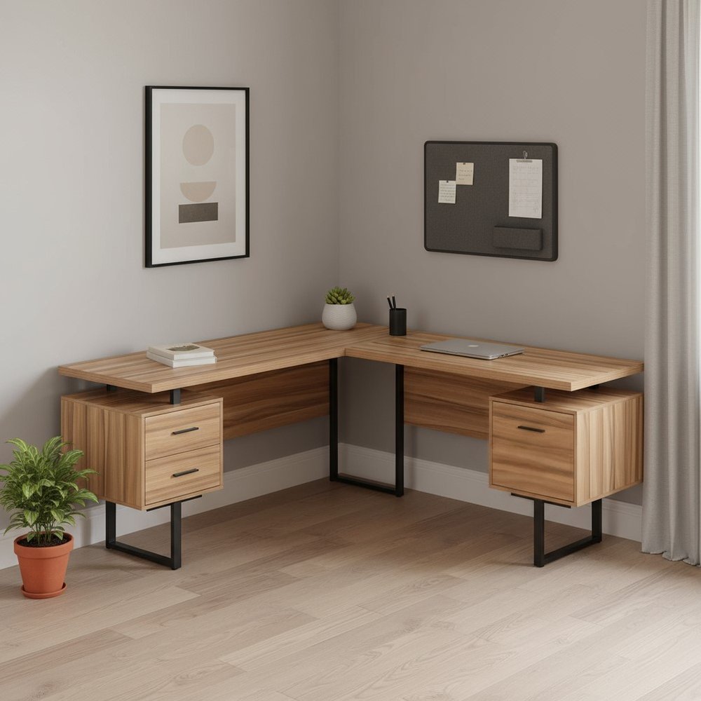 71" Brown and Black L Shape Computer Desk With Three Drawers