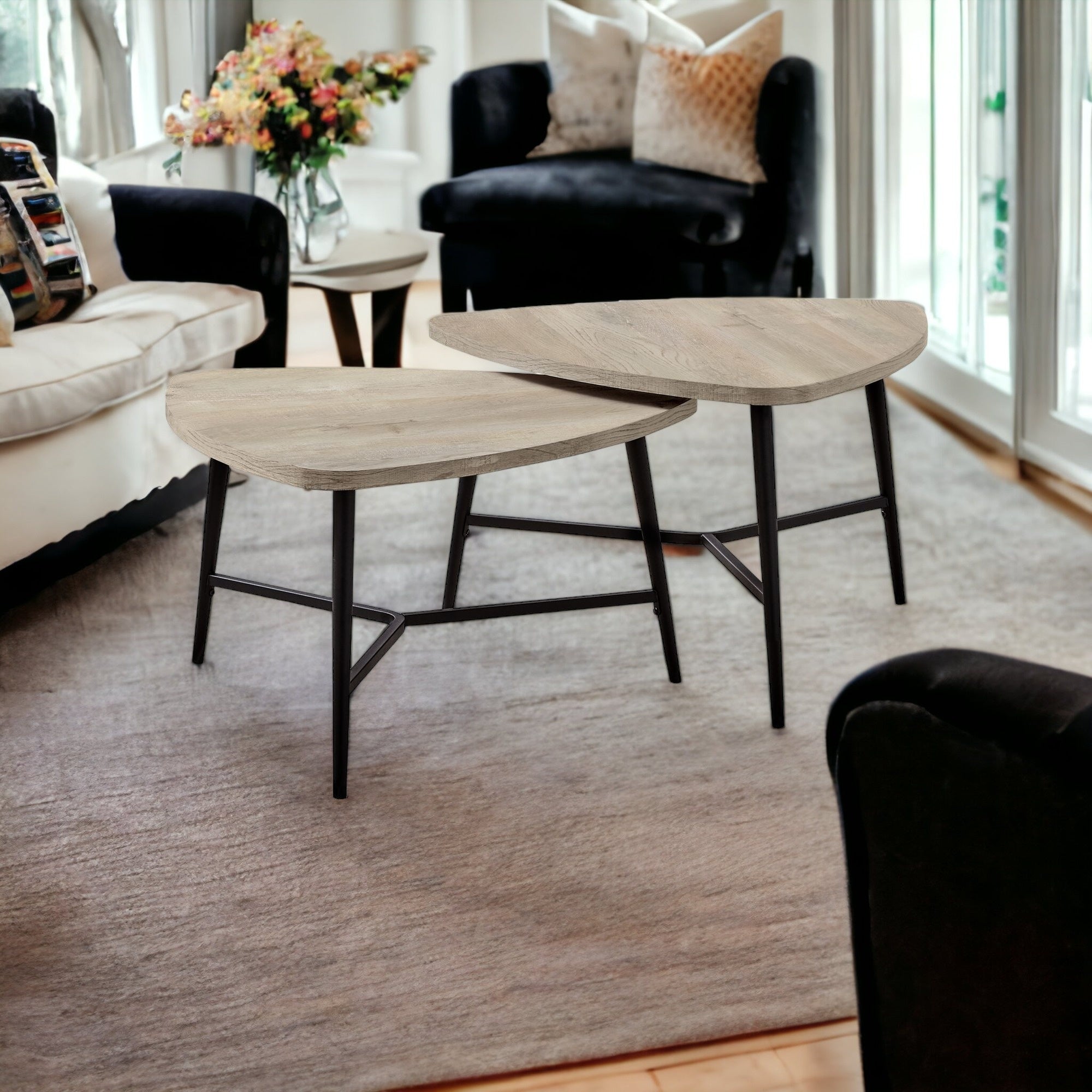 Set of Two 33" Taupe And Black Triangle Nested Coffee Tables