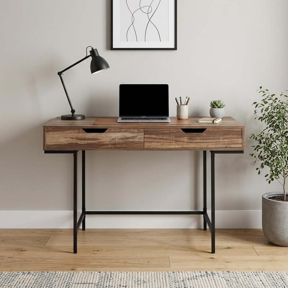 47" Brown and Black Wood and Metal H-Shape Computer Desk With Two Drawers