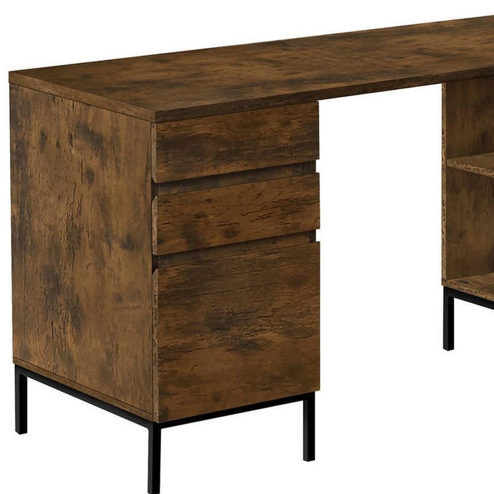 60" Brown and Black L Shape Computer Desk With Three Drawers