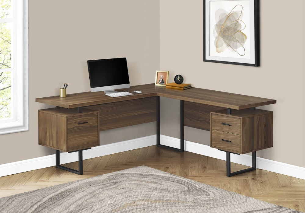 71" Brown and Black L Shape Computer Desk With Three Drawers