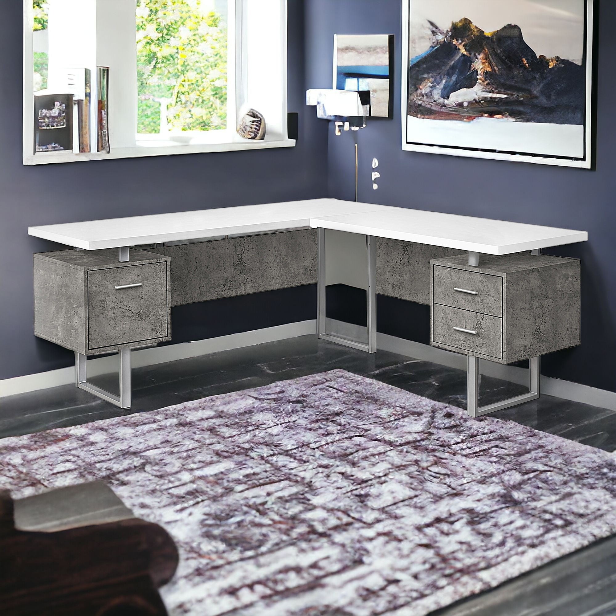 71" White and Gray L Shape Computer Desk With Three Drawers