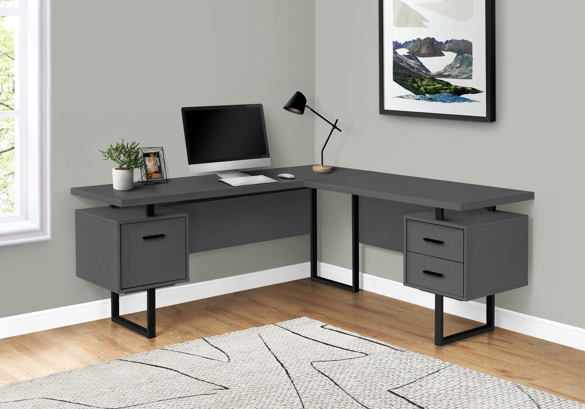 71" Dark Gray and Black L Shape Computer Desk With Three Drawers