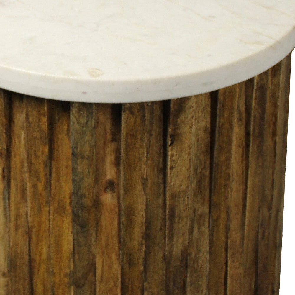 20" Brown And Ivory Marble And Solid Wood Round End Table