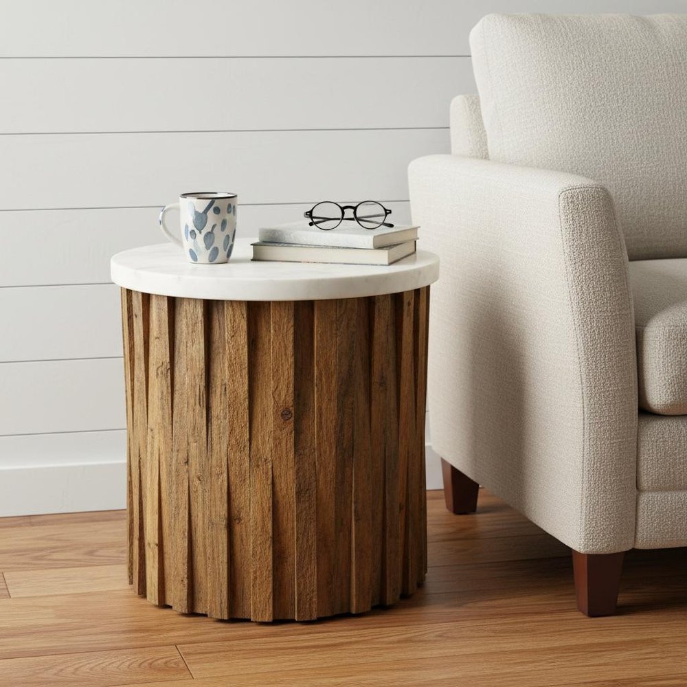 20" Brown And Ivory Marble And Solid Wood Round End Table