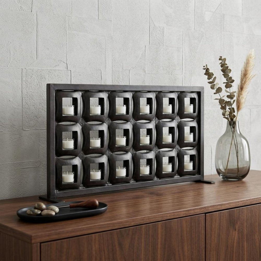 23" Black Iron Geometric Floor Tealight Candle Holder