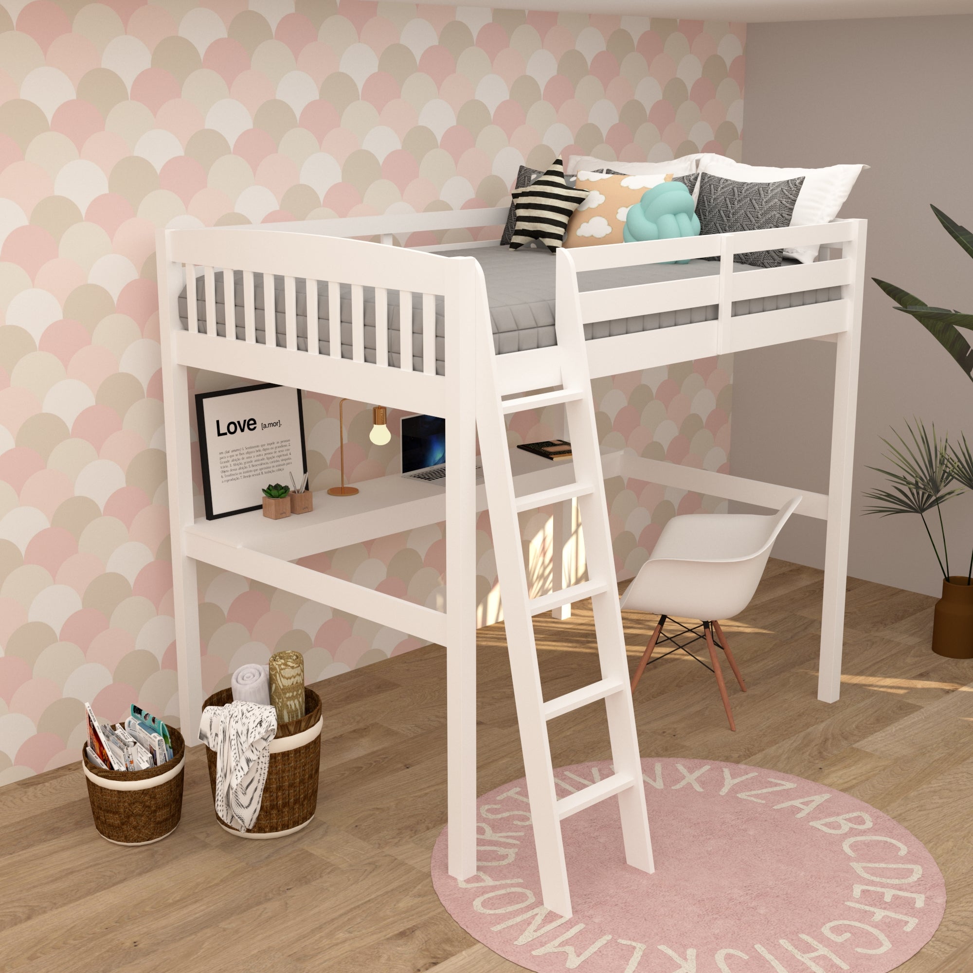 White Solid Wood Full Double Size Loft Bed with Desk and Storage