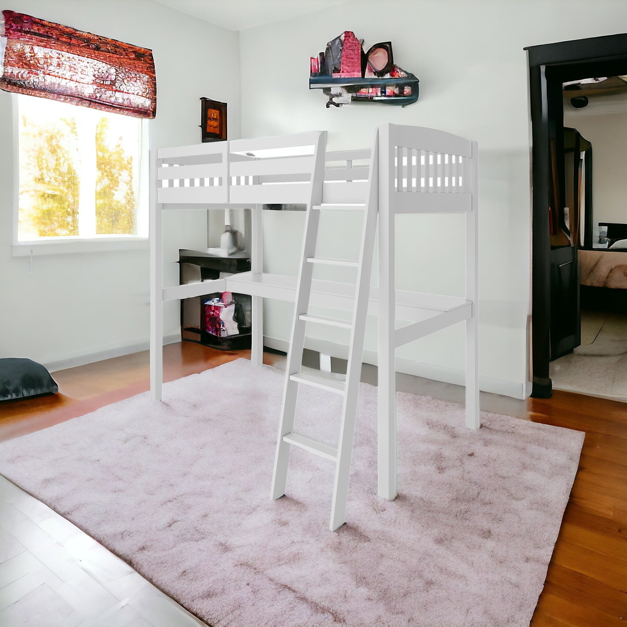 White Solid Wood Twin Size Loft Bed with Desk and Storage