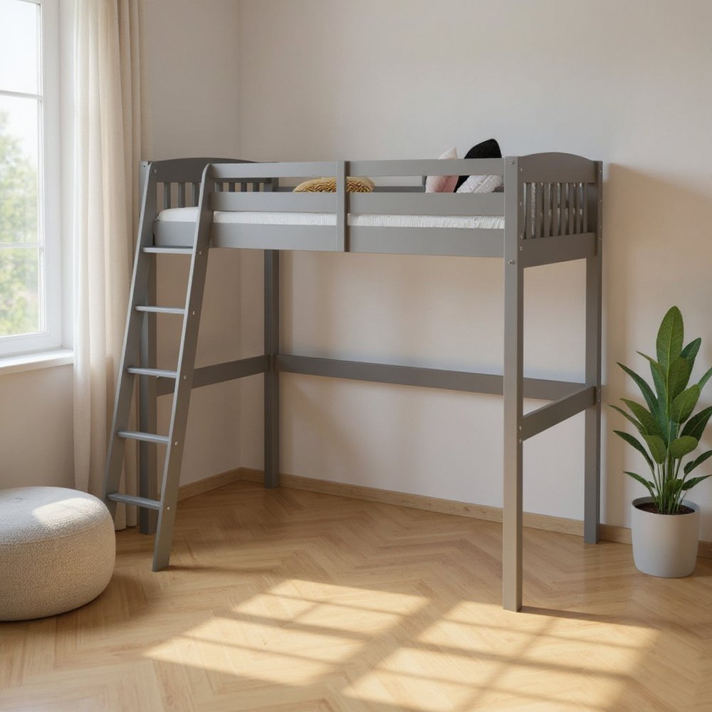 Gray Solid Wood Twin Size Loft Bed with Desk and Storage