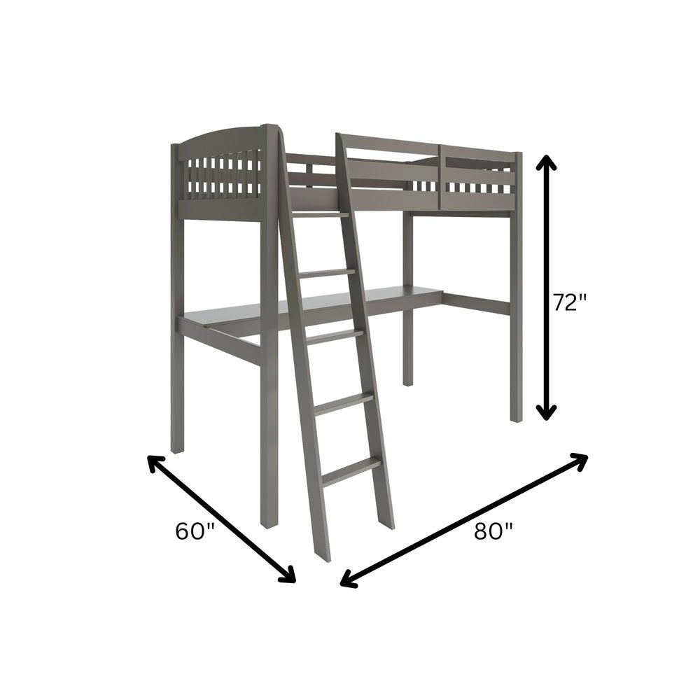 Gray Solid Wood Twin Size Loft Bed with Desk and Storage