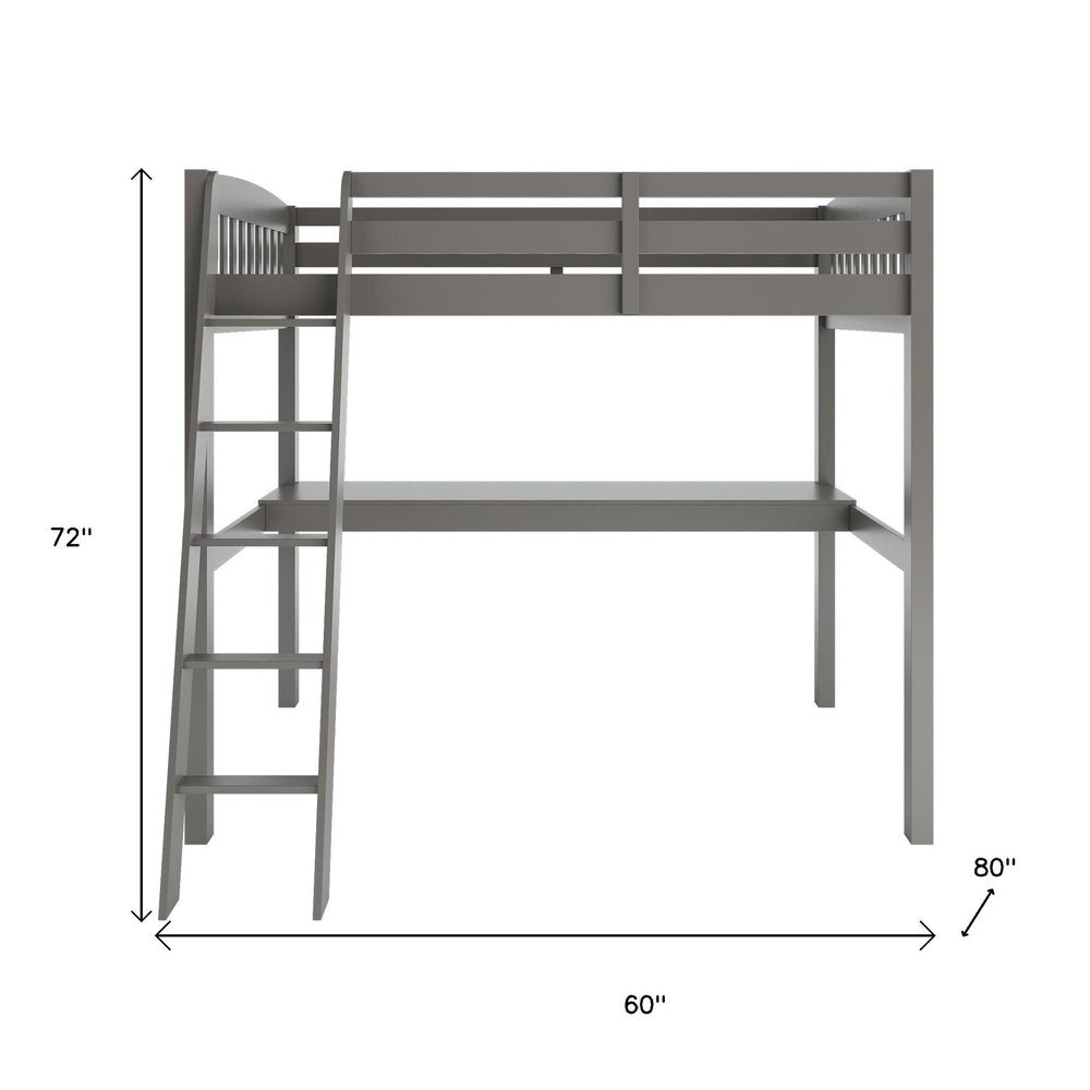 Gray Solid Wood Twin Size Loft Bed with Desk and Storage
