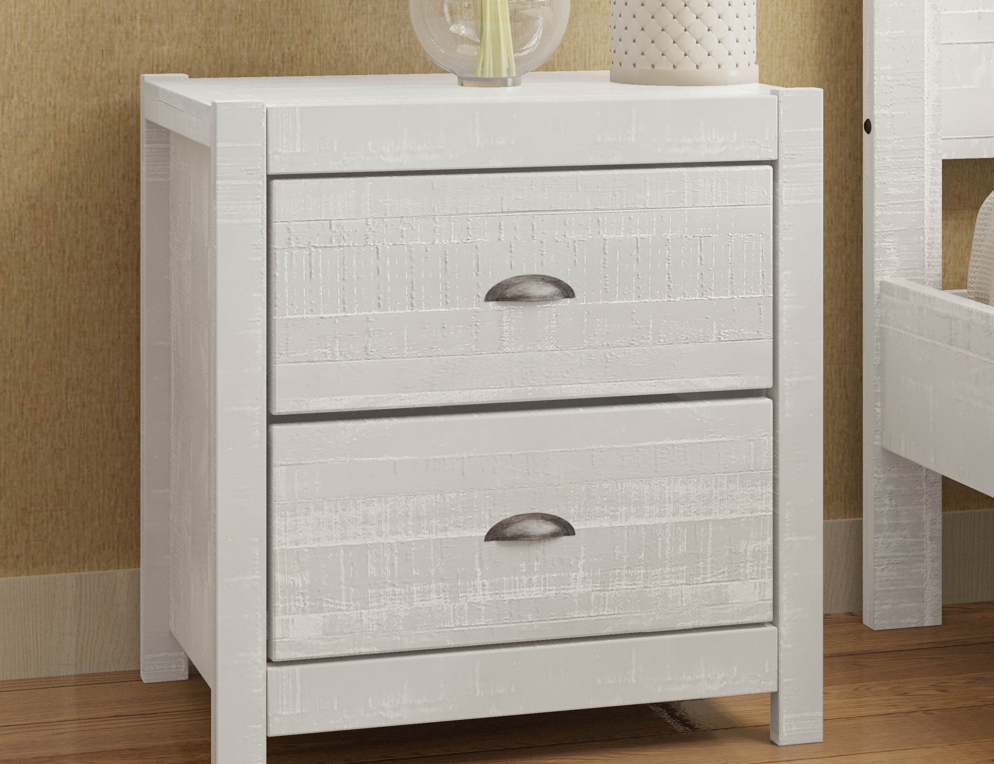 24" White Distressed Solid Wood Two Drawer Nightstand