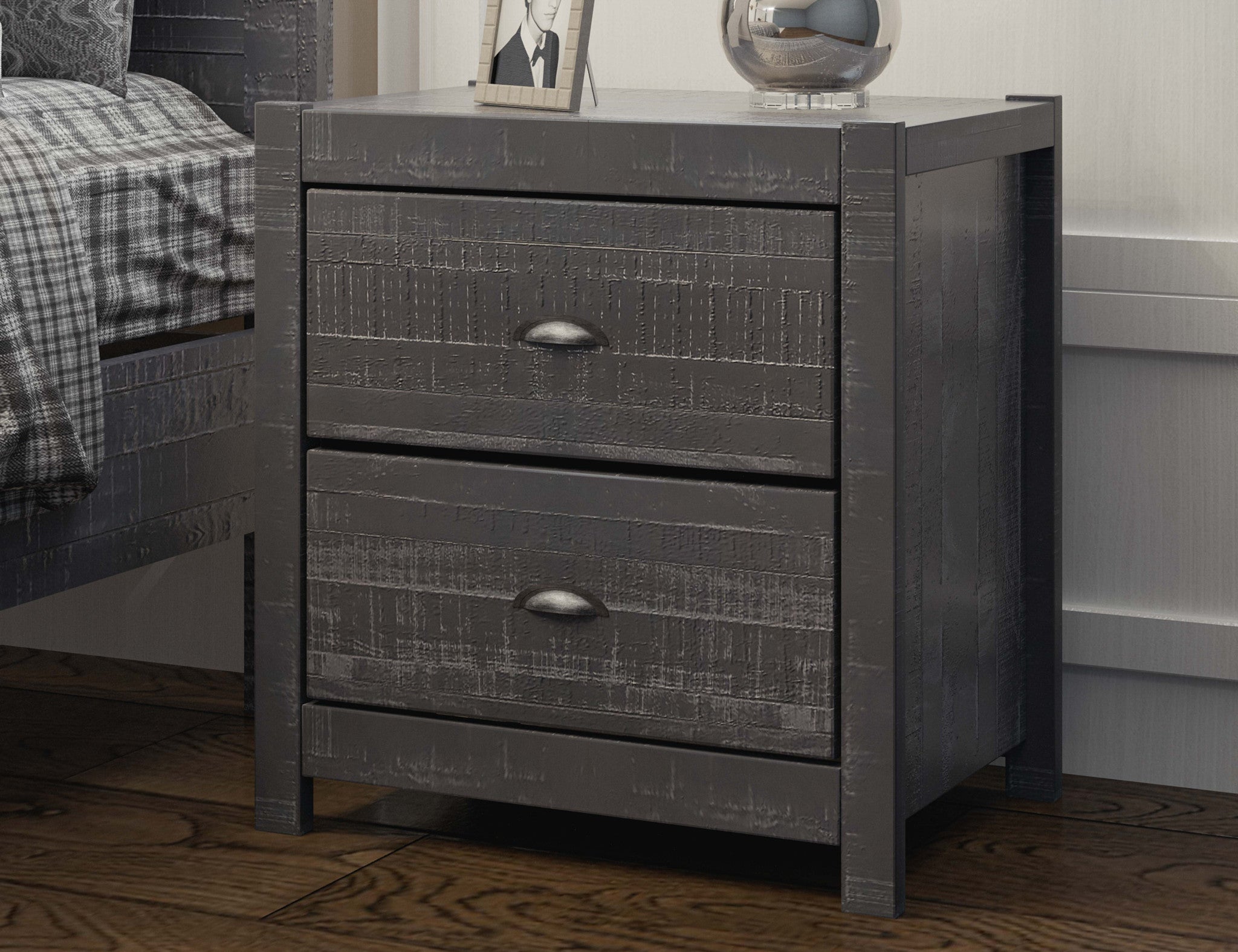 24" Dark Gray Distressed Solid Wood Two Drawer Nightstand