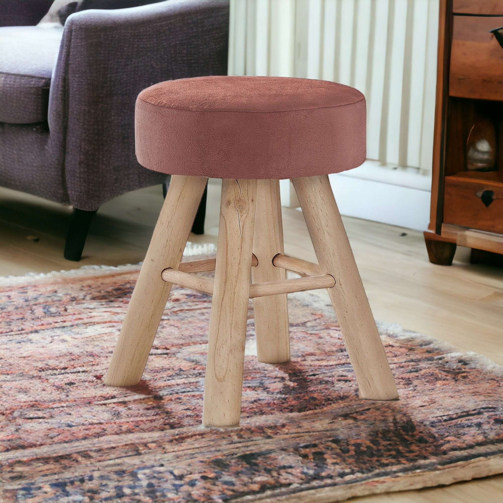 12" Pink Velvet And Natural Round Ottoman