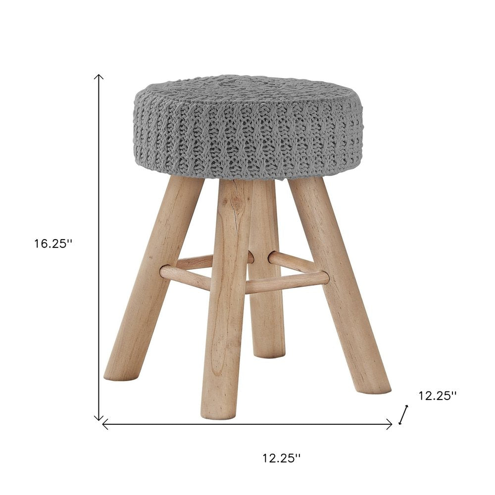 12" Gray Fabric and Natural Round Ottoman
