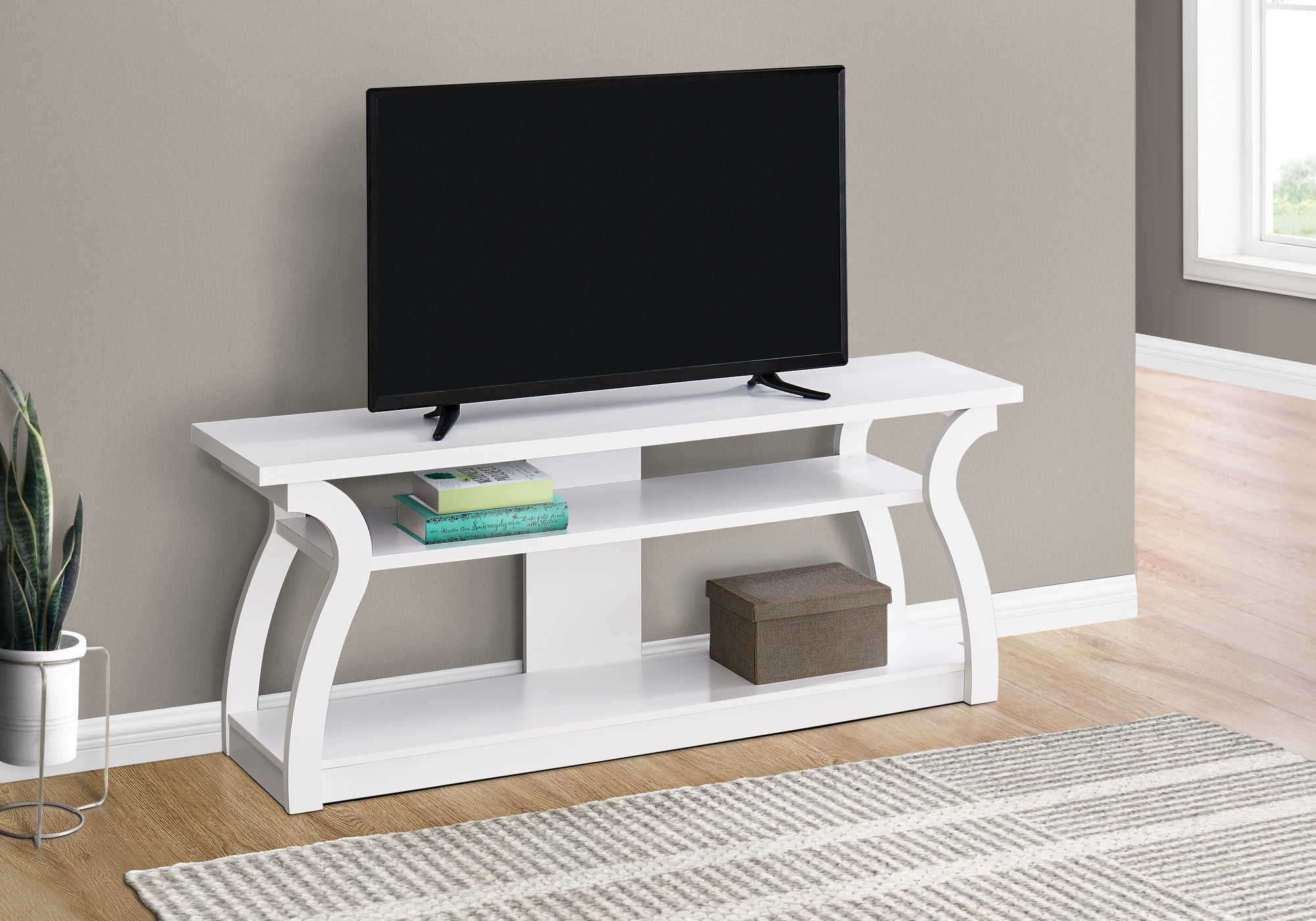 60" White Rubberwood Open Shelving TV Stand