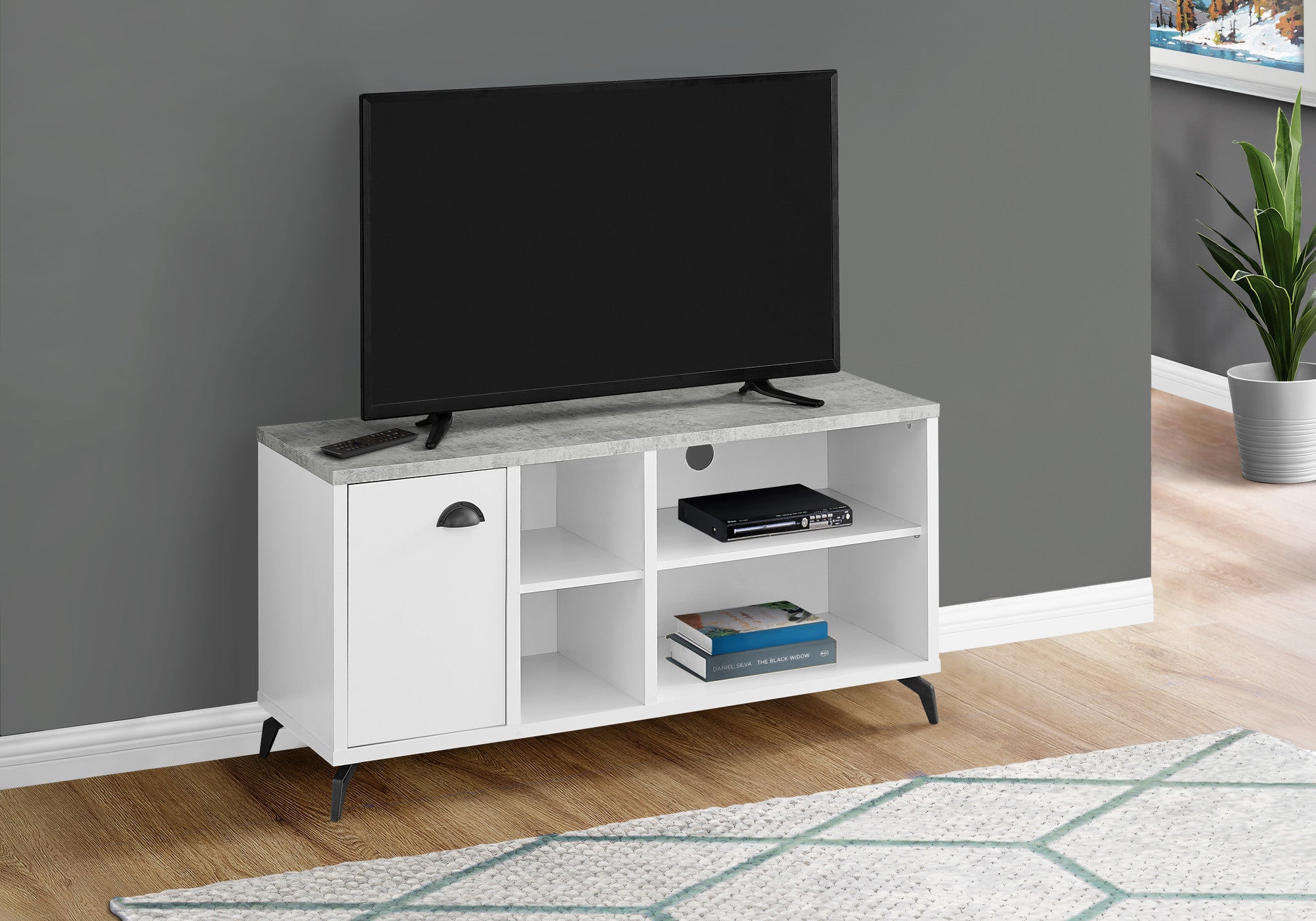 47" Gray And White Rubberwood Enclosed and Open Storage TV Stand