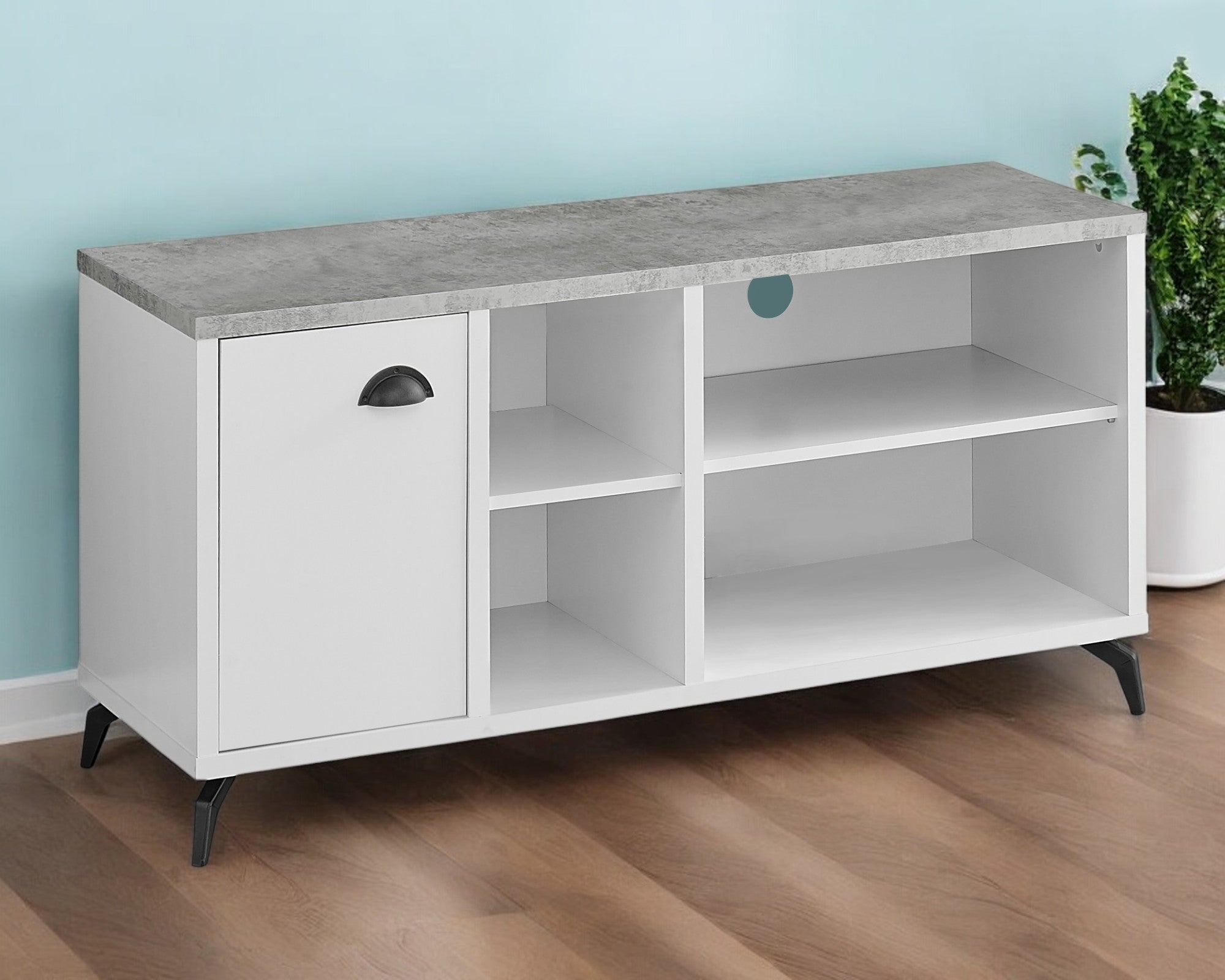 47" Gray And White Rubberwood Enclosed and Open Storage TV Stand