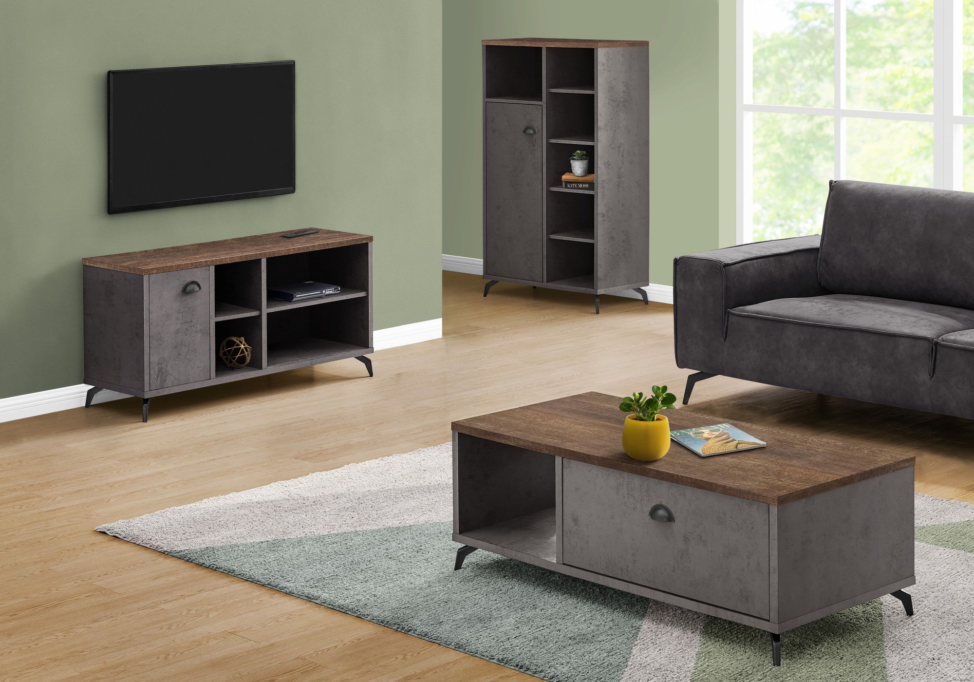 47" Brown And Gray Particle Wood Enclosed and Open Storage TV Stand