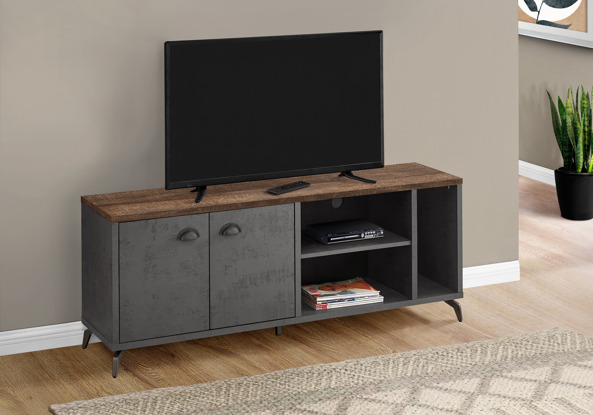 60" Brown And Gray Particle Wood And Wood Enclosed and Open Storage TV Stand