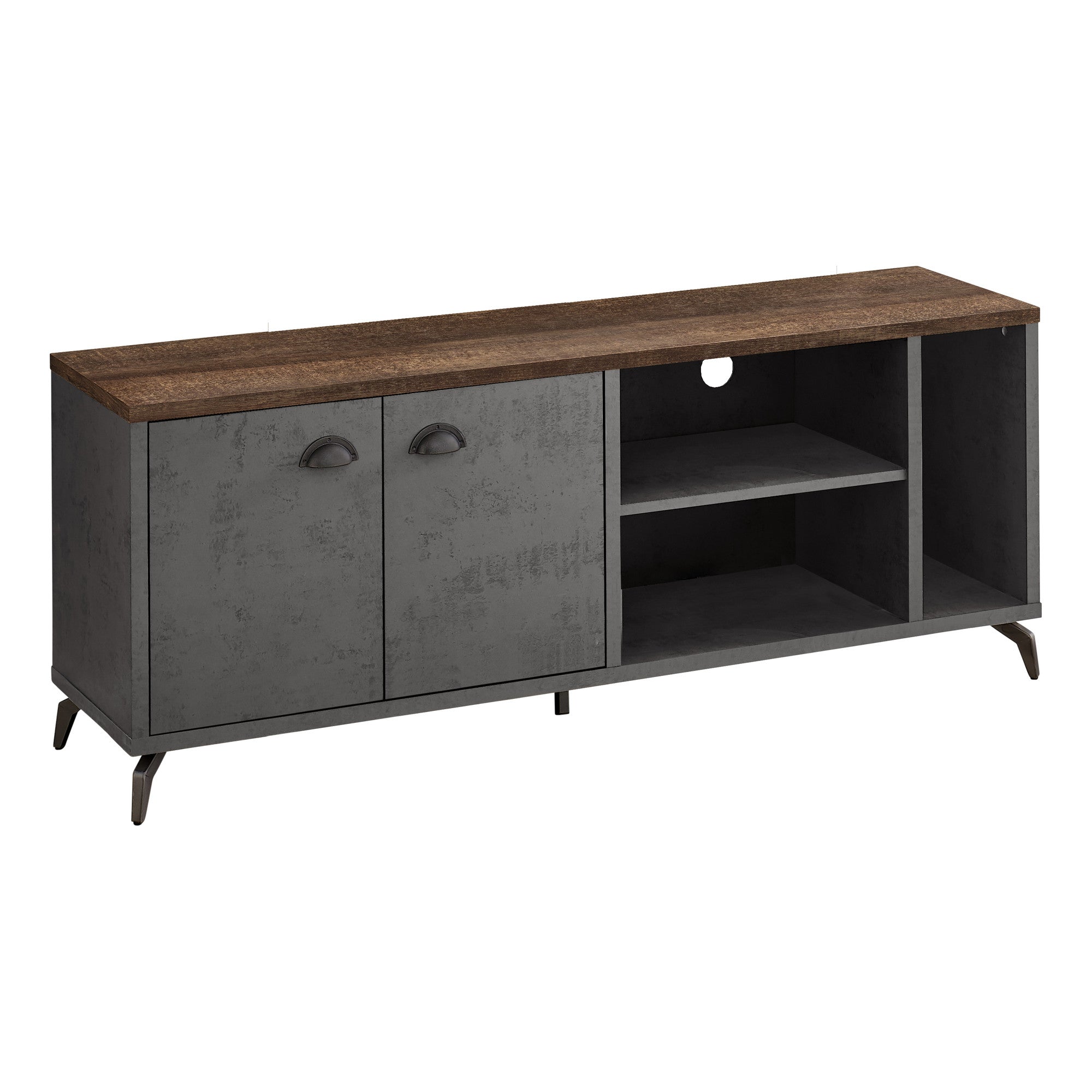 60" Brown And Gray Particle Wood And Wood Enclosed and Open Storage TV Stand