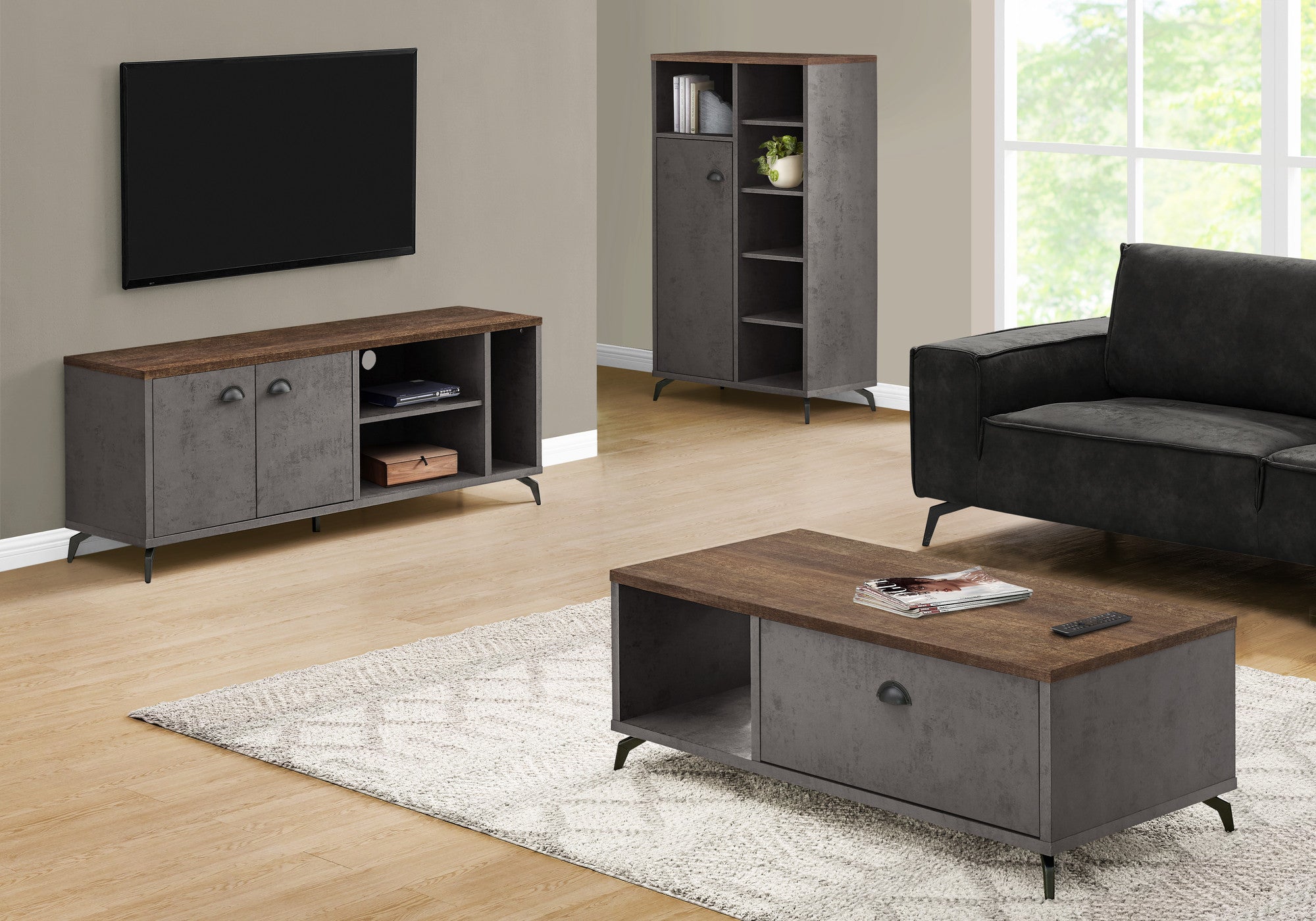 60" Brown And Gray Particle Wood And Wood Enclosed and Open Storage TV Stand