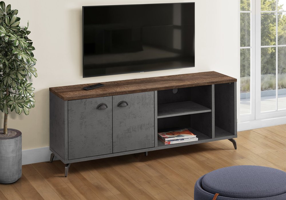 60" Brown And Gray Distressed Reclaimed Wood Enclosed and Open Storage TV Stand