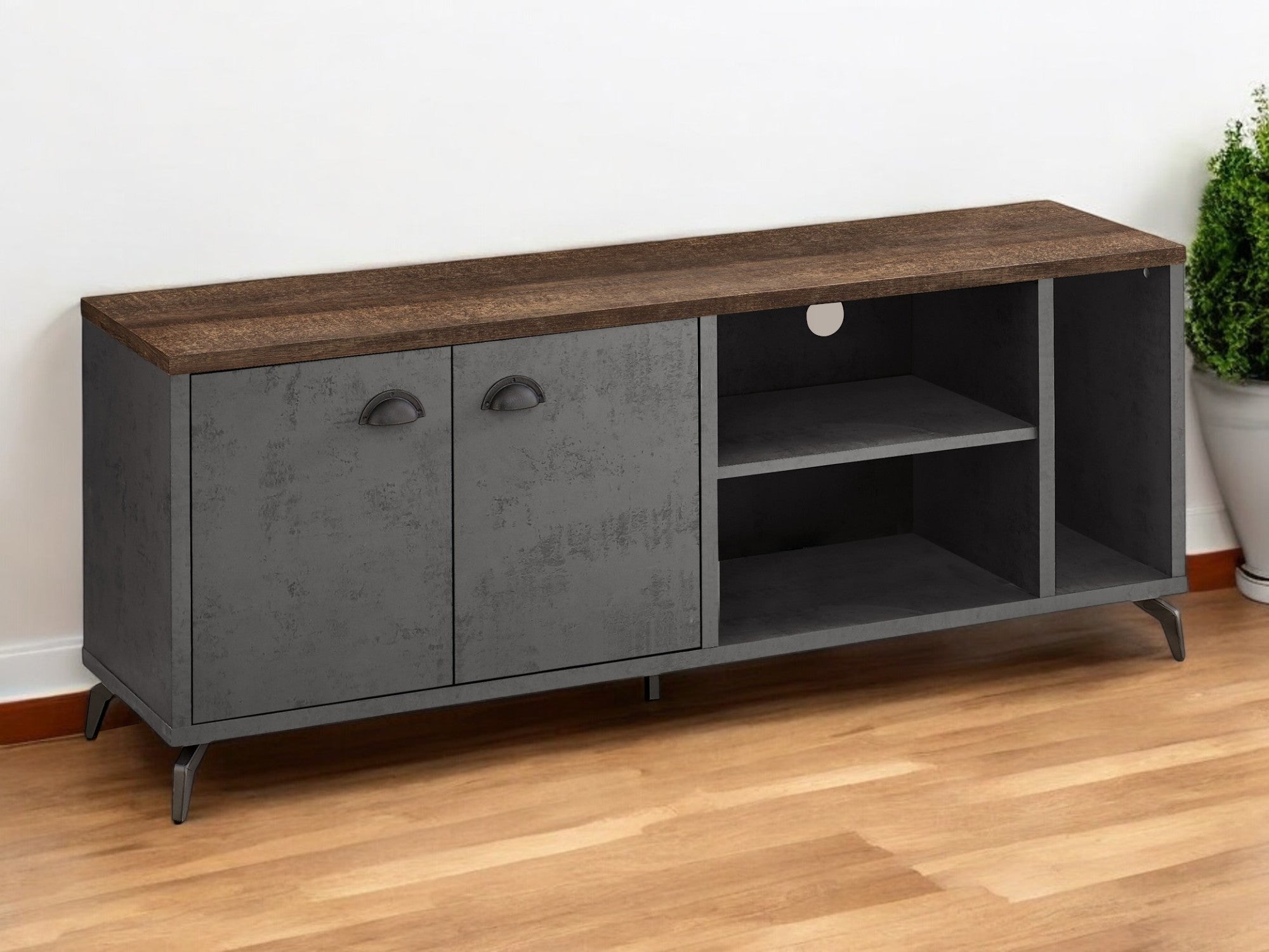 60" Brown And Gray Particle Wood And Wood Enclosed and Open Storage TV Stand