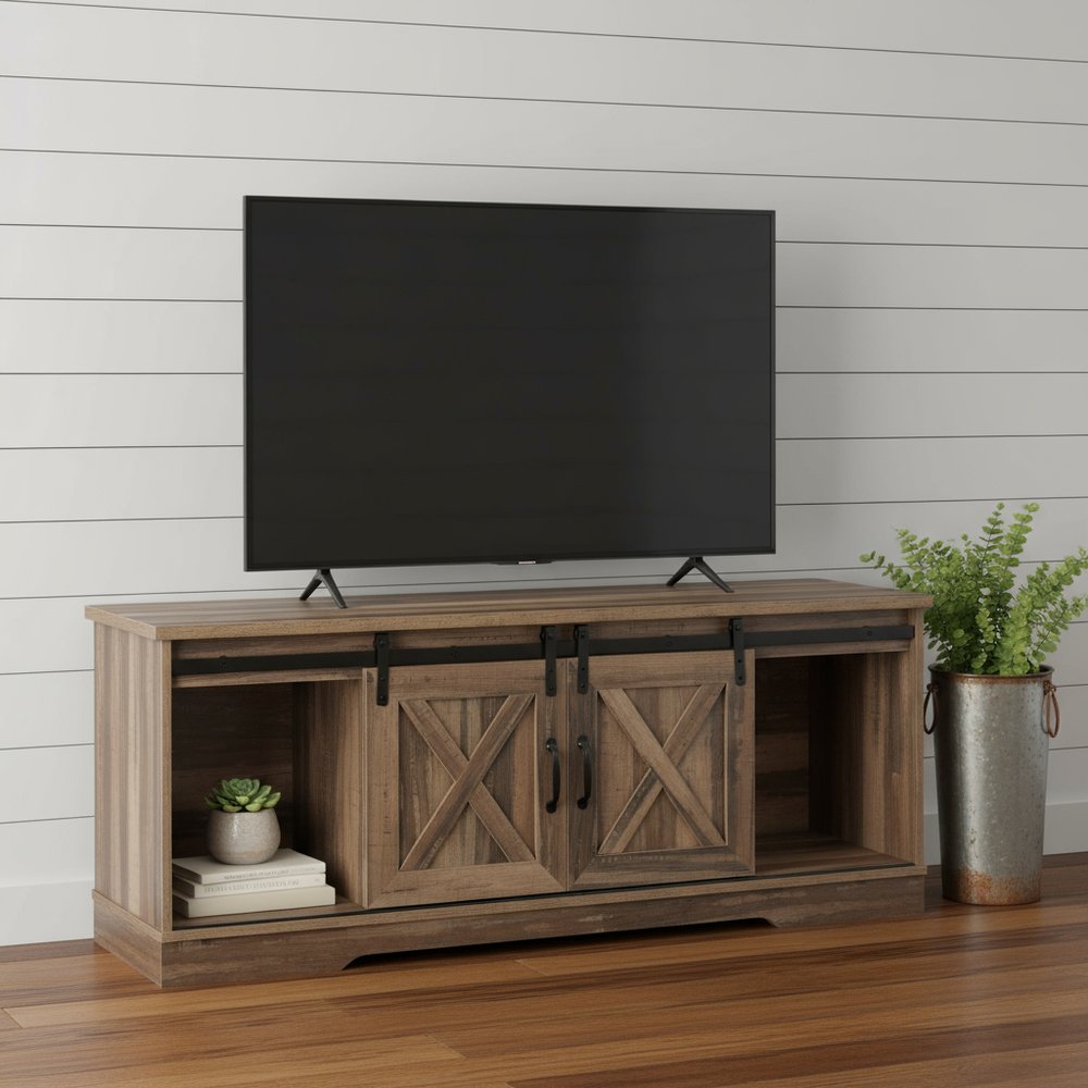 59" Brown Cabinet Enclosed Storage TV Stand
