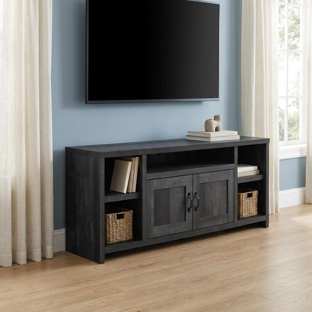 59" Black Cabinet Enclosed Storage TV Stand
