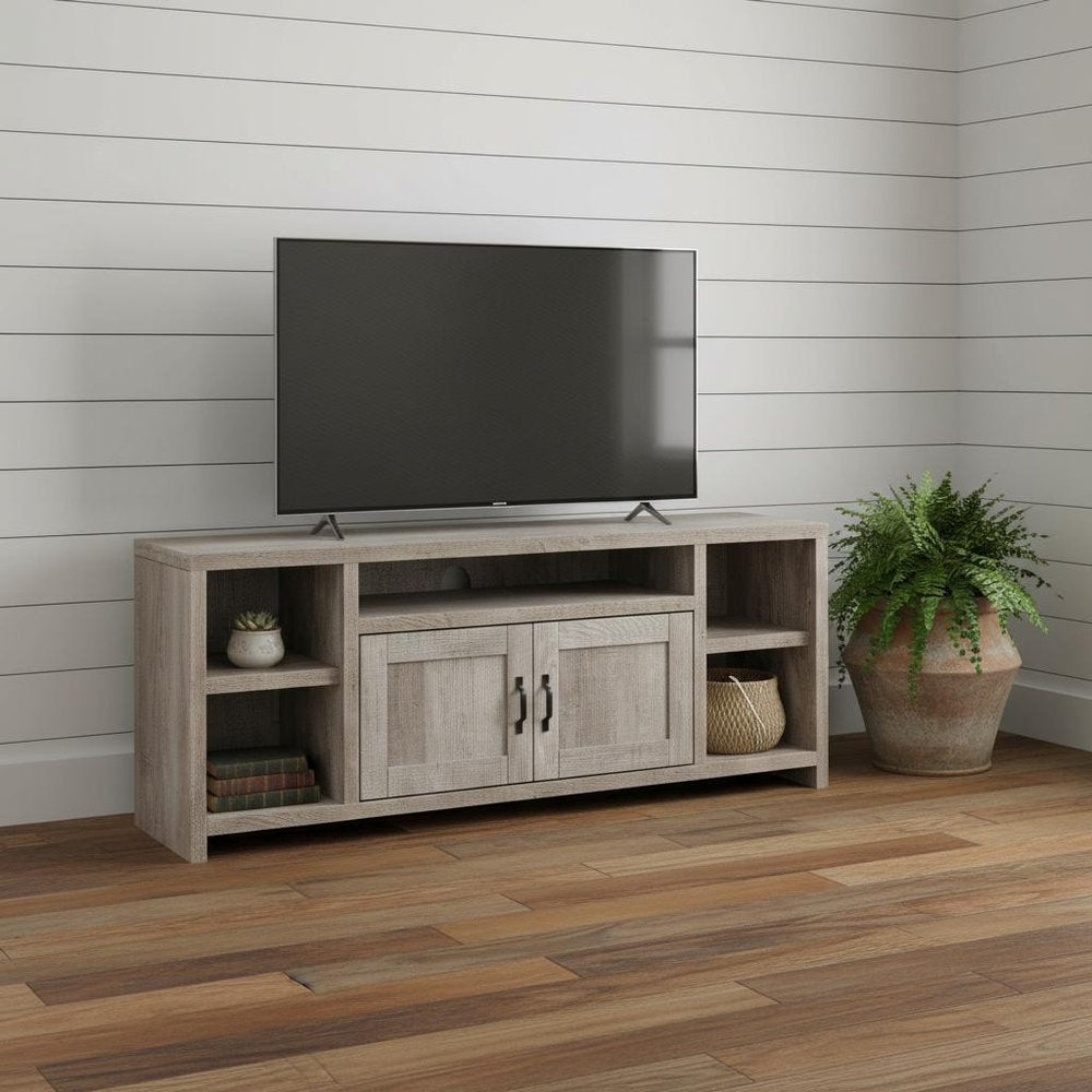 59" Taupe Distressed Wood Enclosed and Open Storage TV Stand