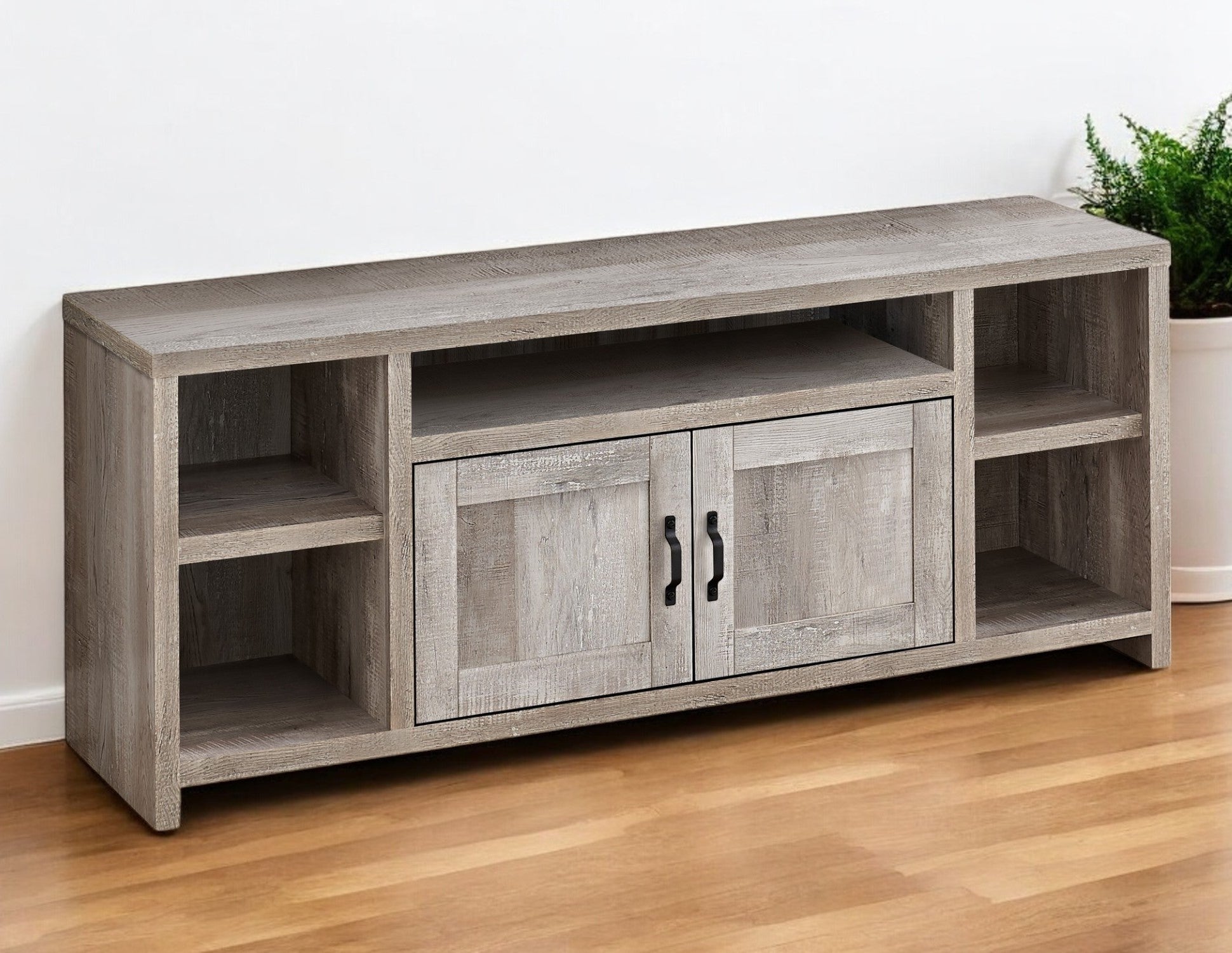 59" Taupe Rubberwood Enclosed and Open Storage TV Stand