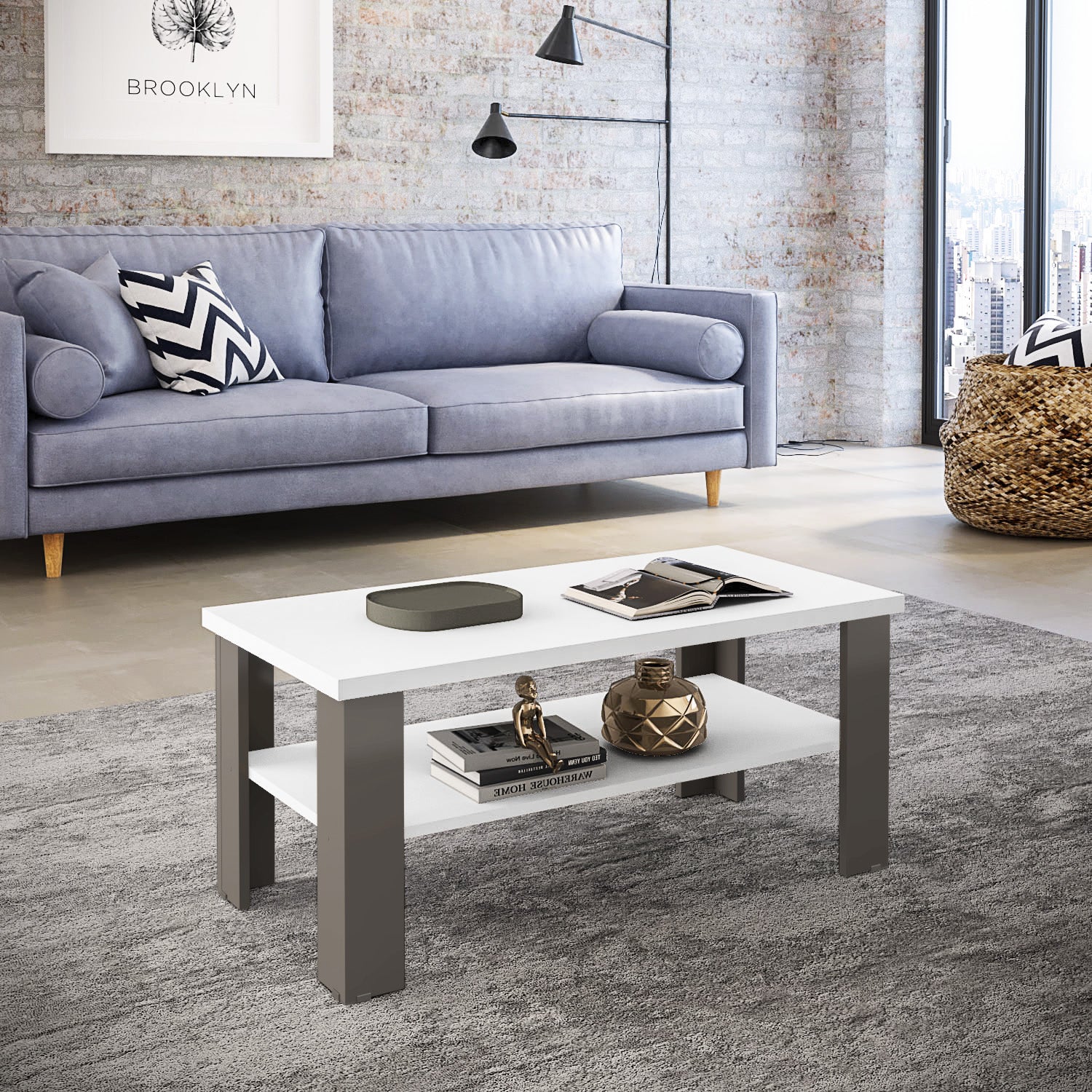 35" White And Light Gray Coffee Table With Shelf