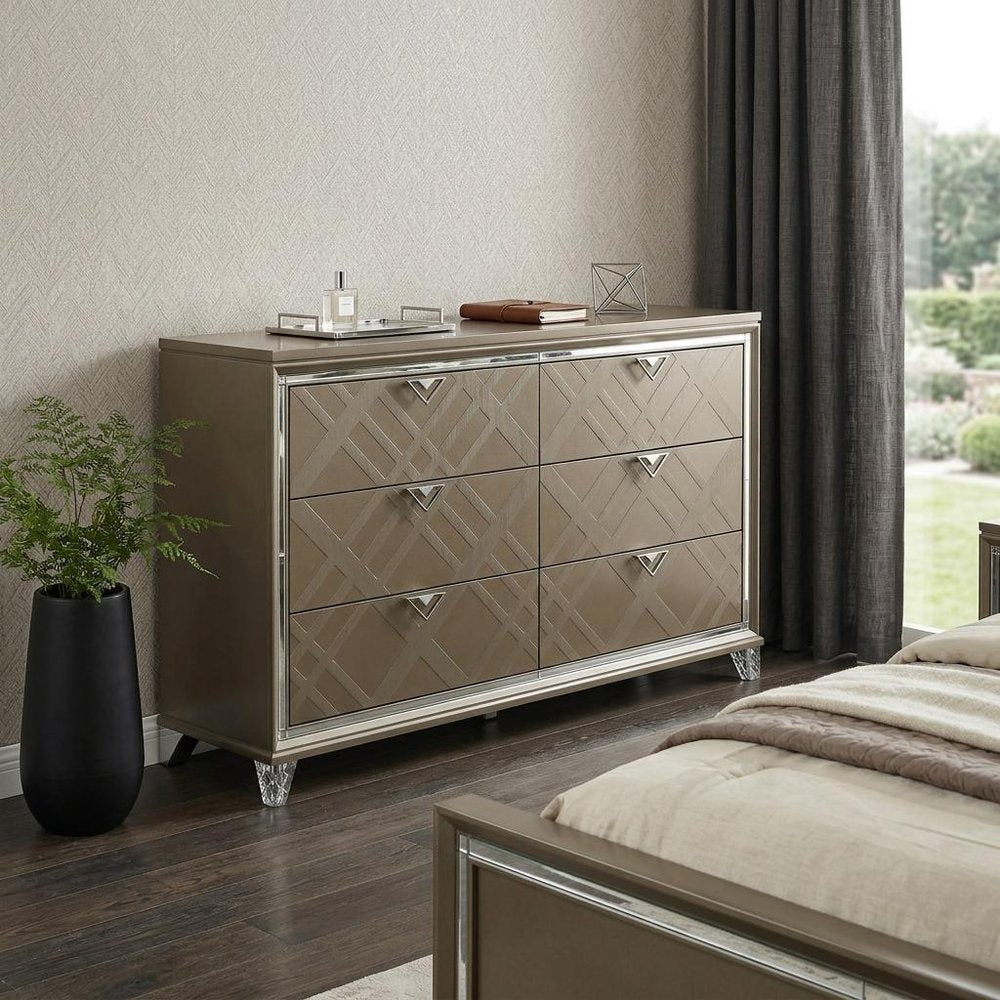 66" Champagne Solid and Manufactured Wood Six Drawer Double Dresser