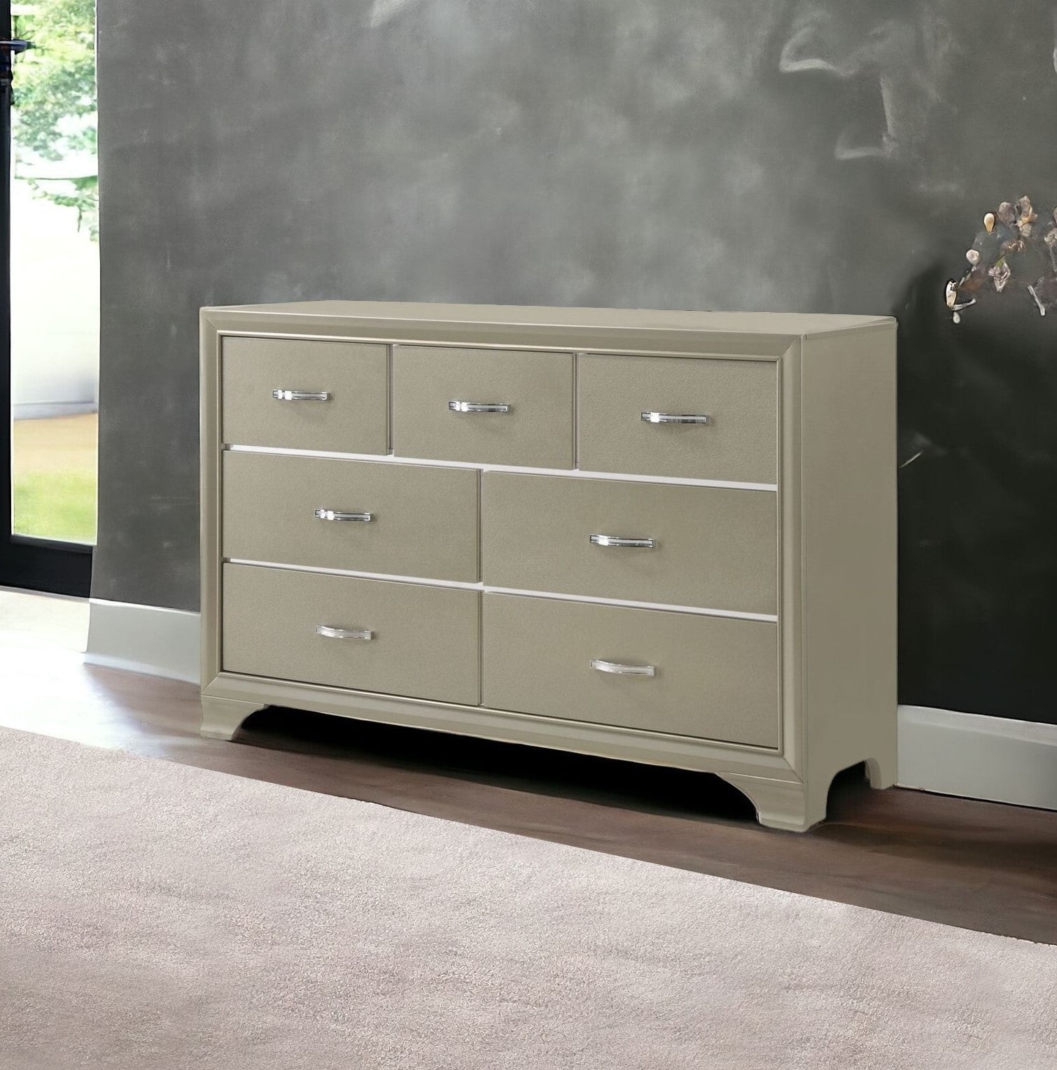 58" Champagne Solid and Manufactured Wood Seven Drawer Triple Dresser