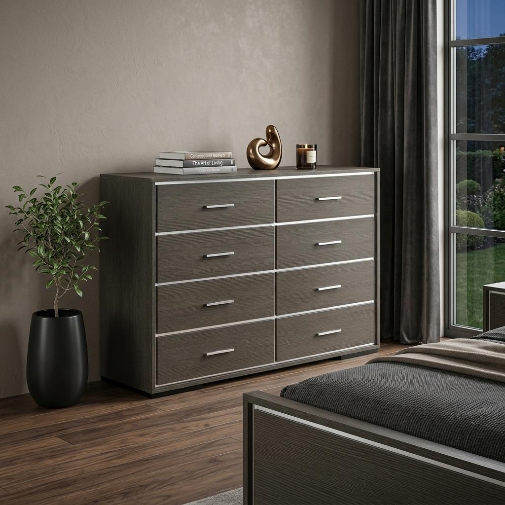 57" Gray Solid and Manufactured Wood Eight Drawer Double Dresser