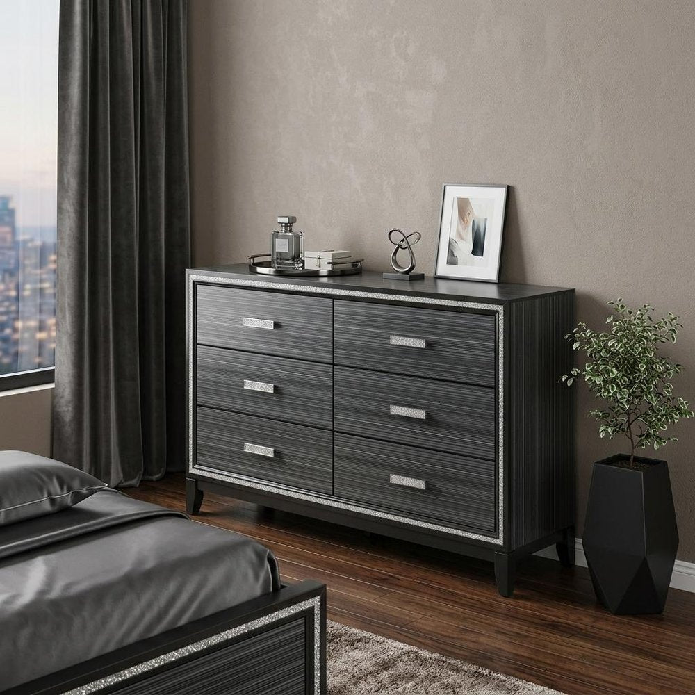 59" Brown Solid and Manufactured Wood Six Drawer Double Dresser