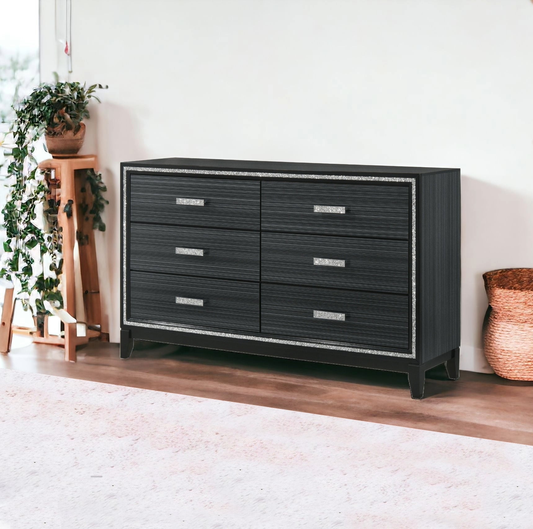 63" Black Solid and Manufactured Wood Six Drawer Double Dresser